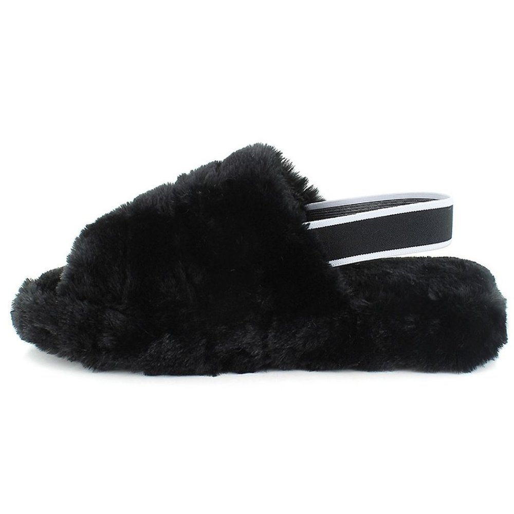 New Black Fuzz Furry Slingback Slipper Sandals - Picture 4 of 6